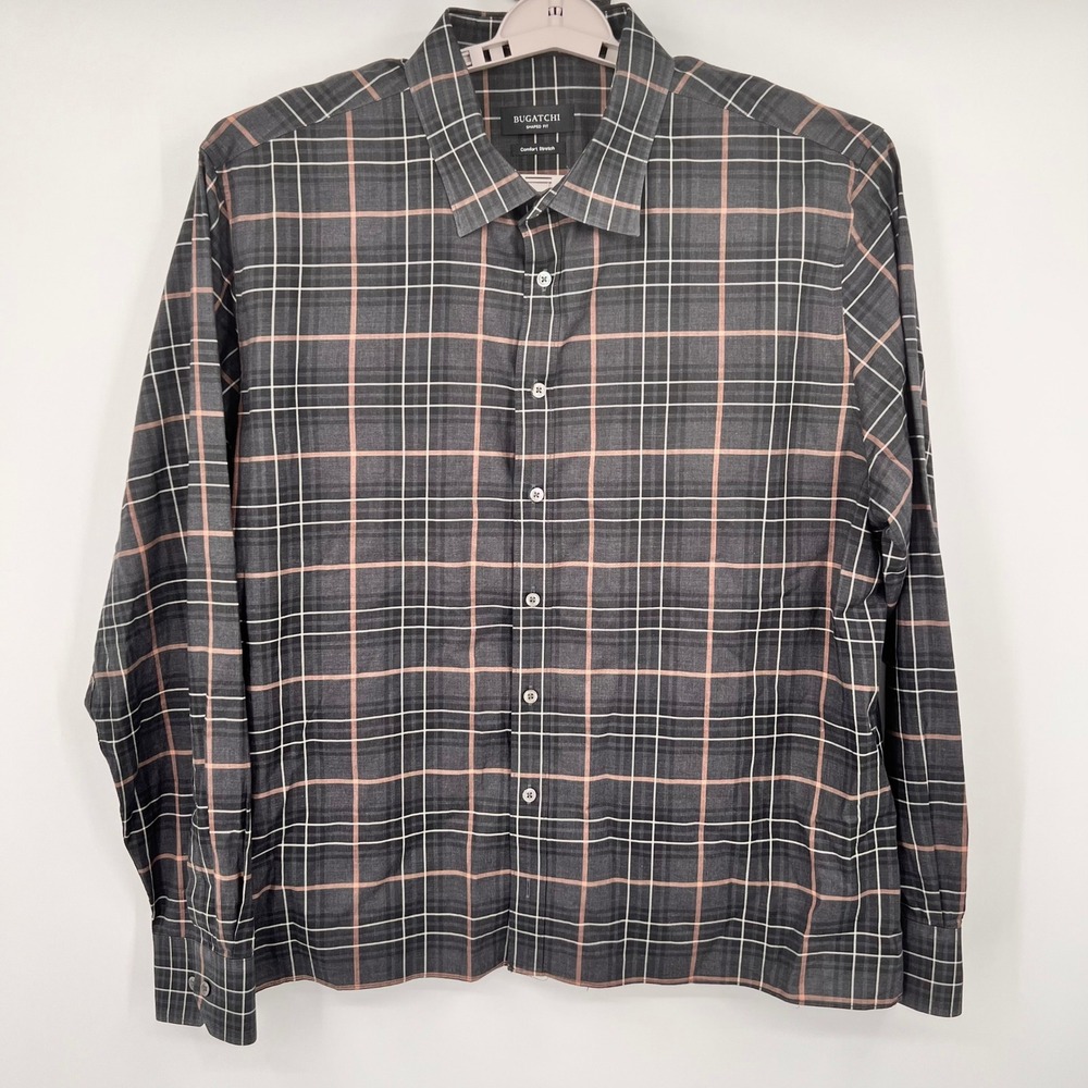 Bugatchi Mens Shaped Fit Comfort Stretch Plaid Button‎ Down Shirt Black 3XL